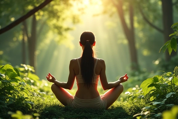 A serene image of a person meditating in a lush natural environment, symbolizing natural wellness and balance.