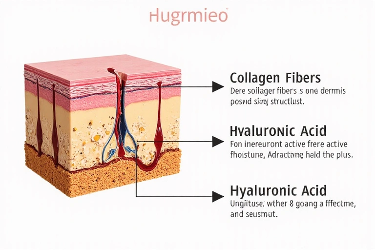 Infographic showing skin layers and where collagen and hyaluronic acid work