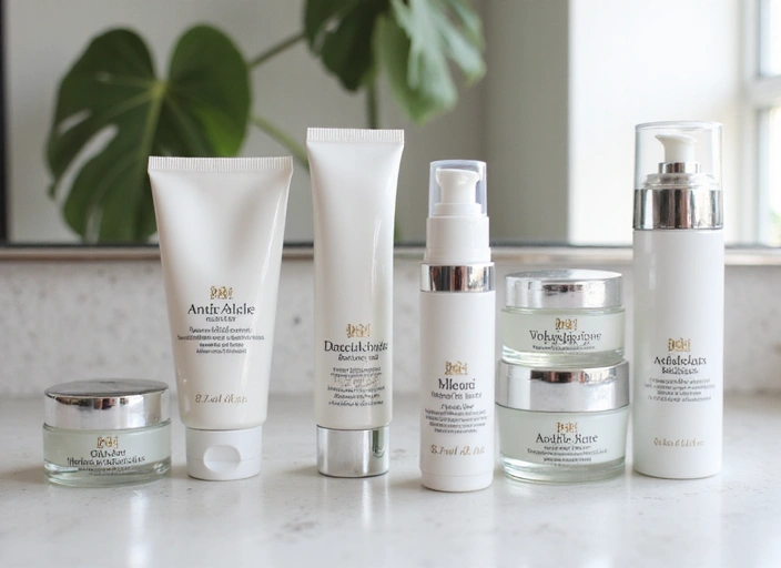 Various anti-aging skincare products arranged aesthetically on a vanity