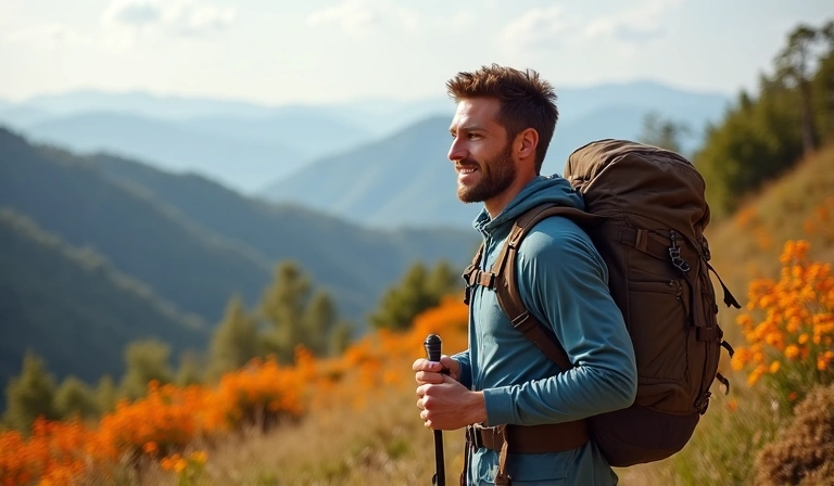 A man on a hiking trail, exuding vitality and endurance, with a vibrant natural landscape behind him, symbolizing outdoor activity and health.