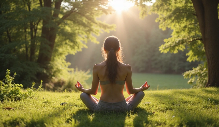 A person meditating in a serene natural setting, surrounded by lush greenery and soft sunlight, representing mental clarity and well-being.
