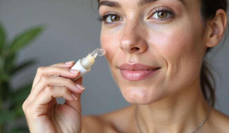 A close-up of a woman applying a natural anti-aging serum to her face, highlighting glowing, healthy skin, with botanical ingredients blurred in the background.