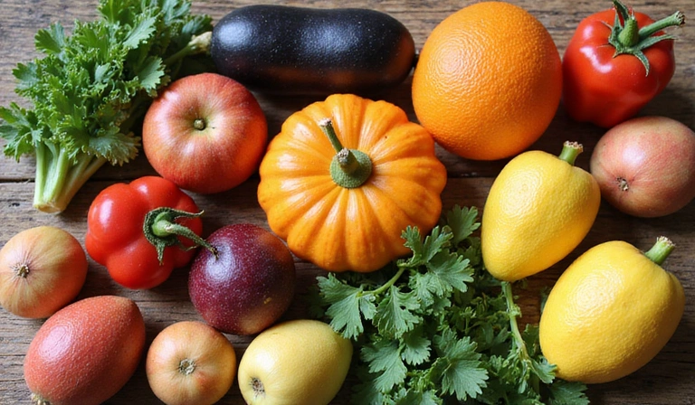 A colorful array of fresh, organic fruits and vegetables on a wooden table, emphasizing healthy eating and natural nutrition.