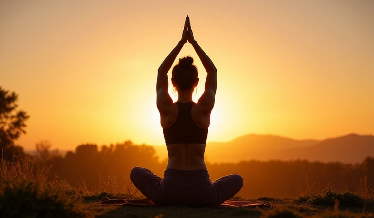 A woman performing gentle yoga poses outdoors at sunrise, promoting flexibility, strength, and mental peace.