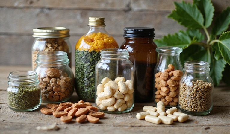 Various natural herbal supplements in glass jars and capsules, arranged neatly on a wooden surface, highlighting holistic health and natural remedies.
