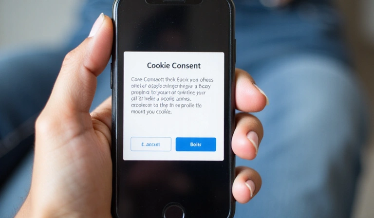 A person's hand holding a smartphone with a cookie consent pop-up on the screen, showing options to accept or decline, against a blurred background of a web browser interface.