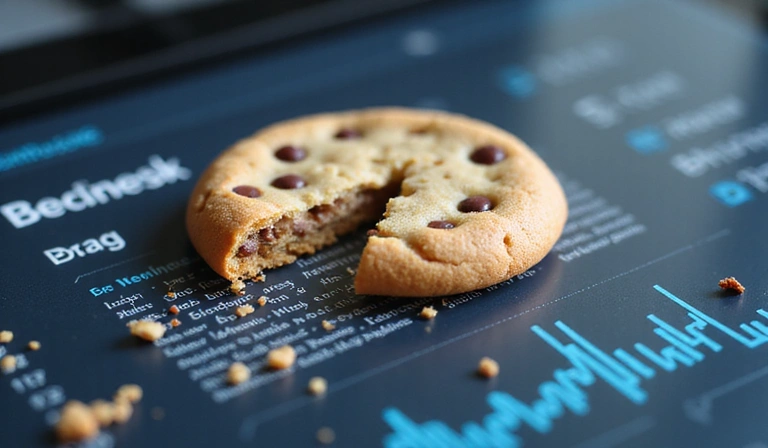 A detailed illustration of a cookie, with small data bits flowing into it, symbolizing data collection and storage on a digital device. The background is a subtle, modern web interface with blurred elements.