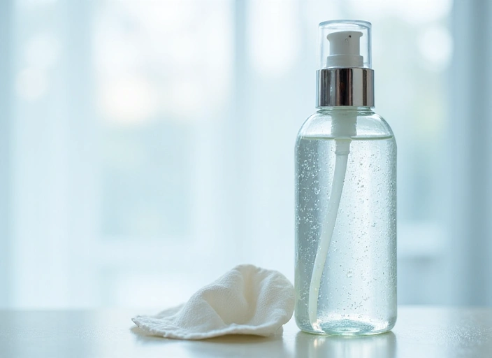 A clear bottle of Rejuzvzora Hydrating Toner, with a refreshing, slightly viscous liquid visible inside, next to a cotton pad.