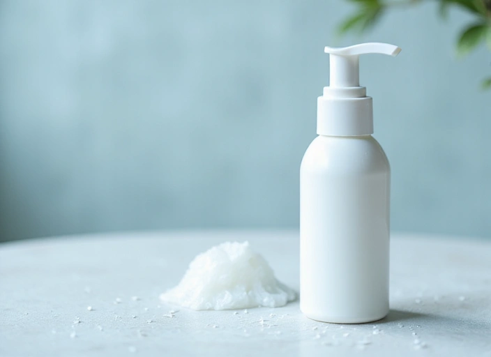 A bottle of Rejuzvzora Purifying Cleanser with a gentle foam texture, surrounded by water droplets, suggesting freshness and cleanliness.