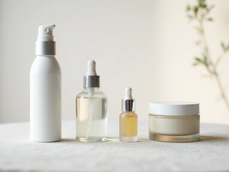 A collection of Rejuzvzora facial care products including cleanser, toner, serum, and moisturizer, neatly arranged on a minimalist background.