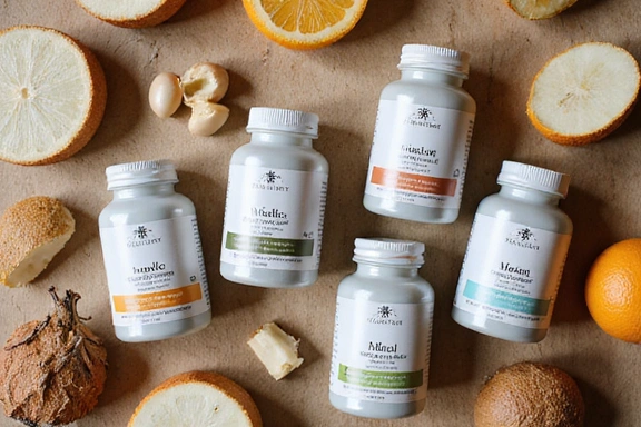 Assortment of natural health supplements in various bottles and packaging